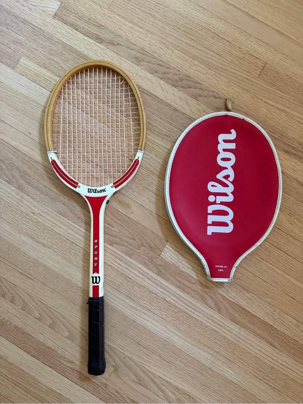 Vintage Wooden Wilson Red & White Tennis Racket with Cover